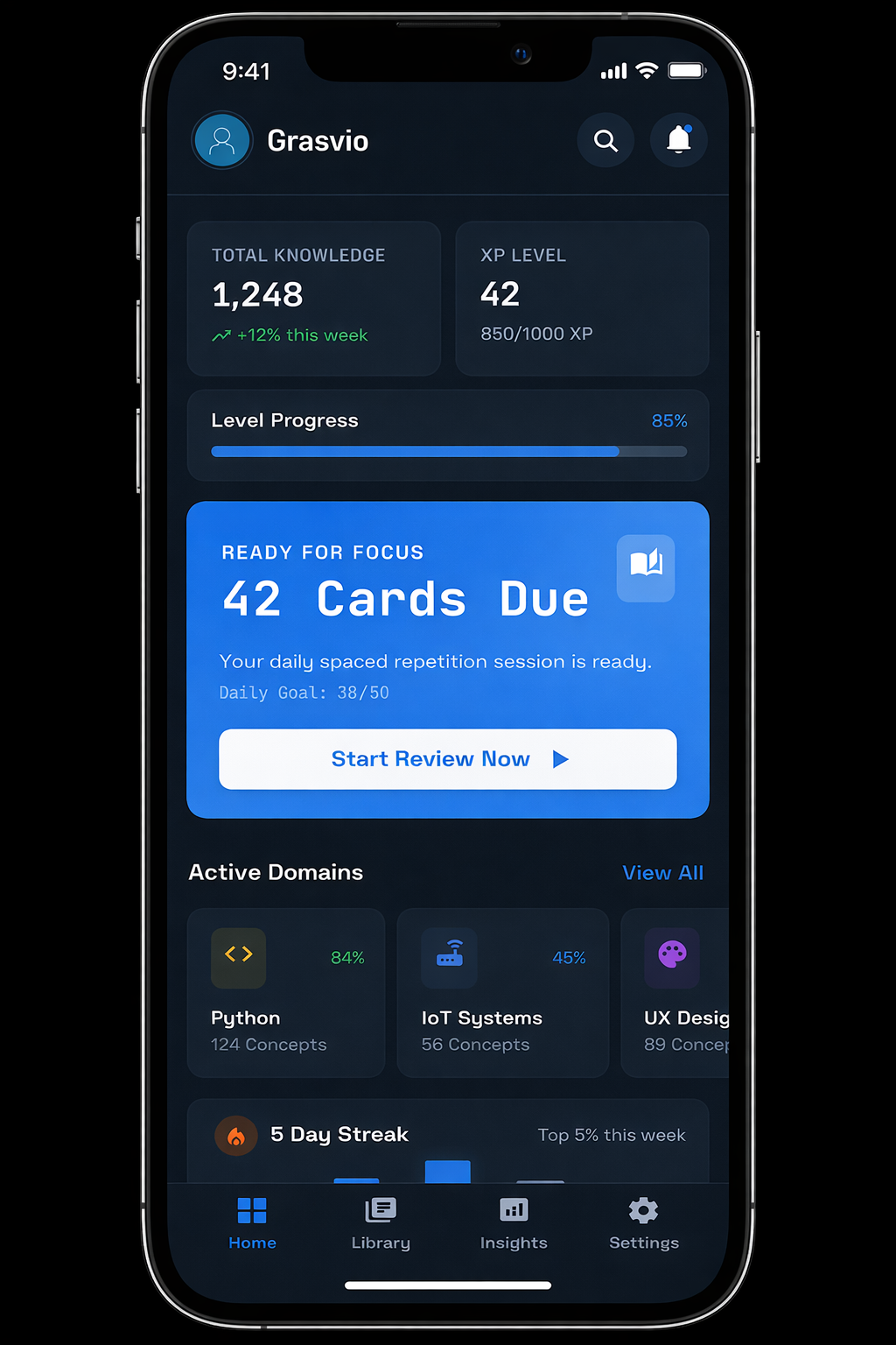 Grasvio app showing knowledge review interface